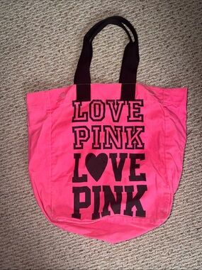 PINK Victoria's Secret Neon Pink Canvas  magnetic close Tote with Black Logo